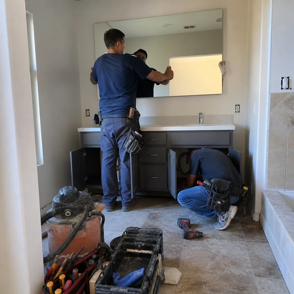 Two professional contractors installing a vanity mirror and plumbing during bathroom remodeling.
