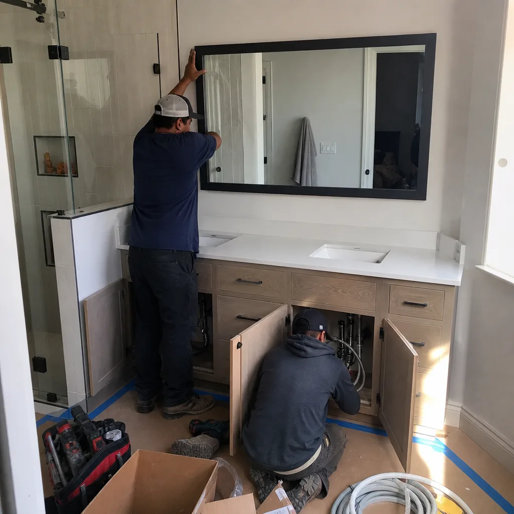Two contractors working on a bathroom vanity and wall mirror installation