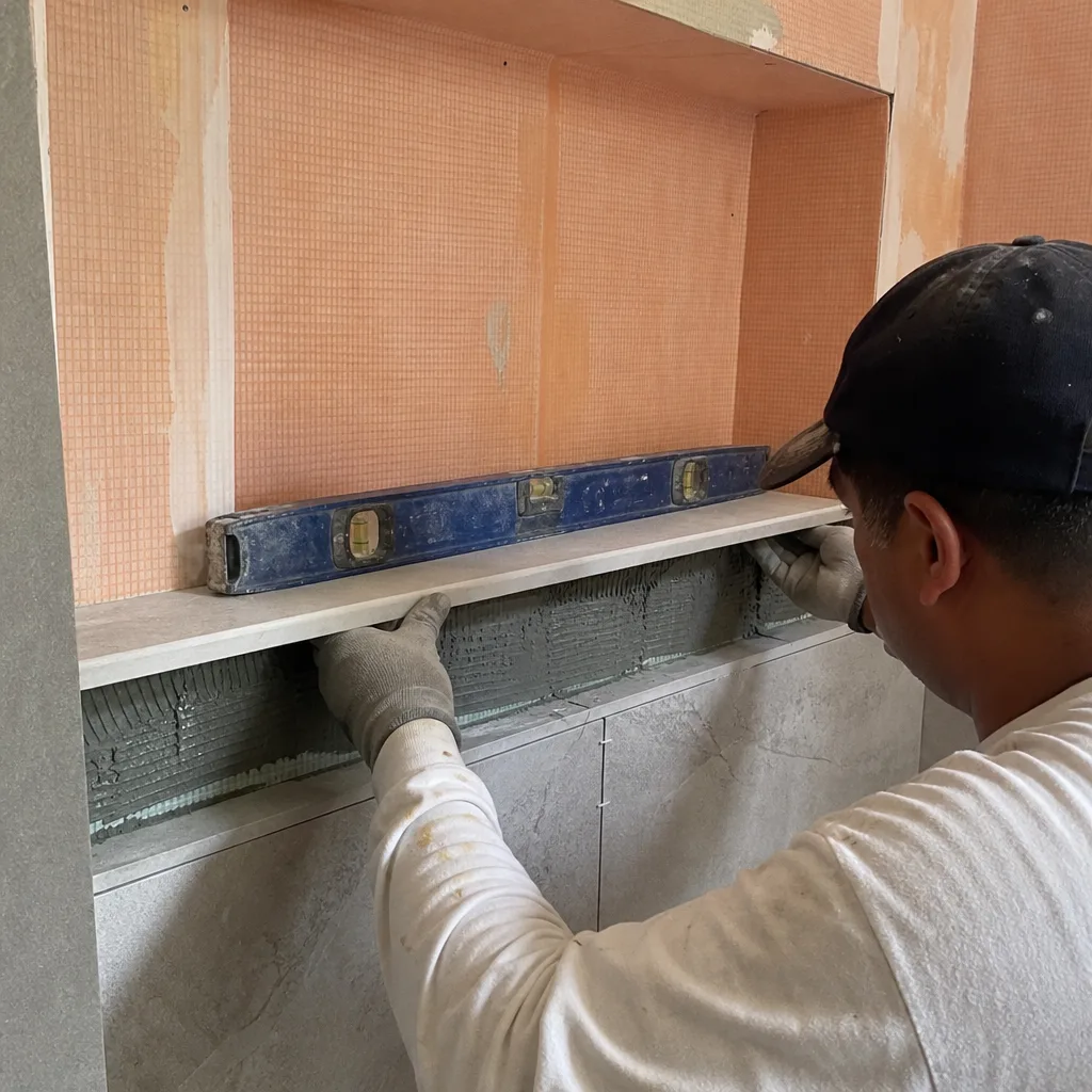 Professional contractor installing a stone shelf in a tiled bathroom niche