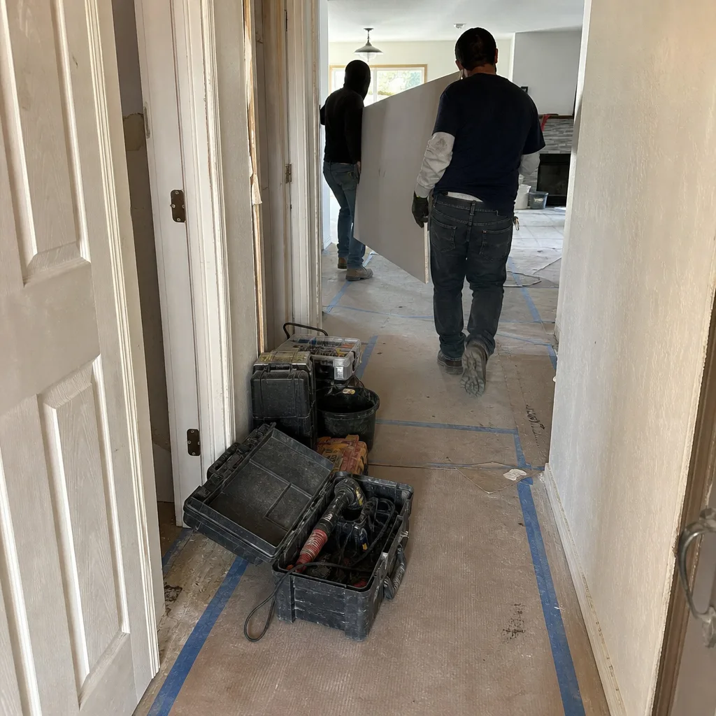 General contractors carrying drywall during a residential home renovation project