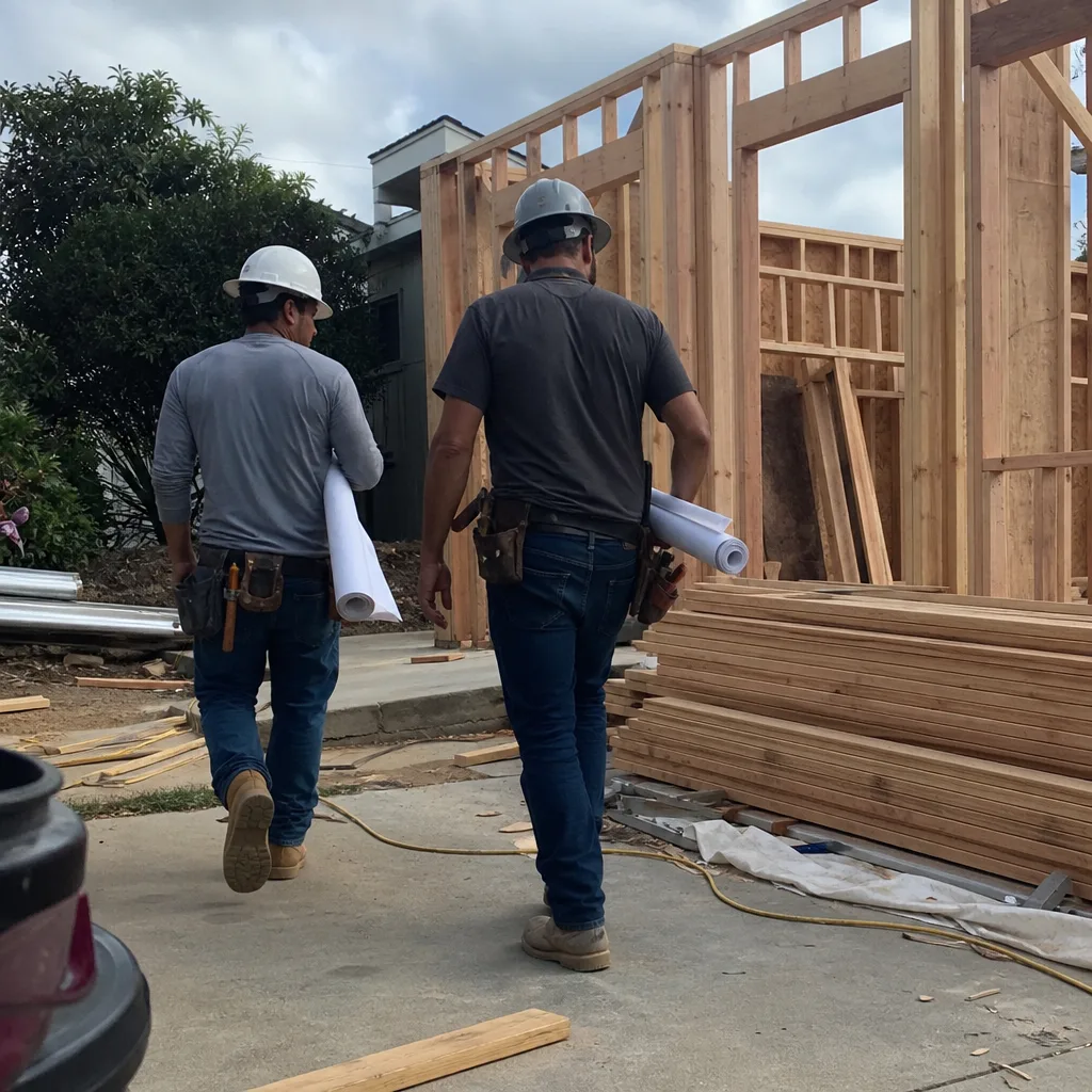 Contractors carrying blueprints at a home renovation construction site
