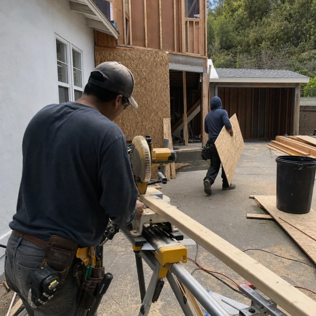 Construction worker cutting lumber during a professional home renovation project
