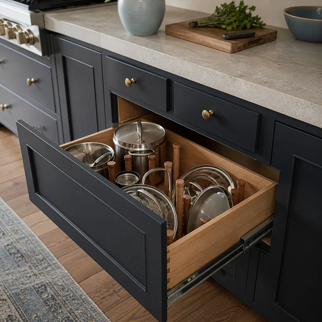 New painted shaker cabinets with an organized deep drawer